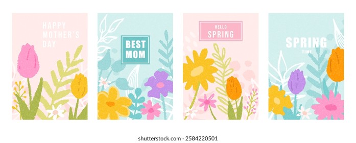 Set cute spring posters, cards for Happy Mothers Day and birthday in trendy hand drawn style. Flowers and plants. Vector design, decor, print.