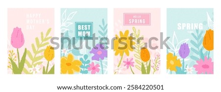 Set cute spring posters, cards for Happy Mothers Day and birthday in trendy hand drawn style. Flowers and plants. Vector design, decor, print.
