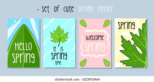 Set of cute spring posters with colorful green leaves.
