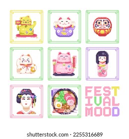 Set of cute spring season icons in pixel art style with maneki neko, geisha and ramen noodle. Japanese traditional cuisine dish, and national symbols. Ready to print travel pattern in 8 bit game style