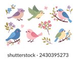 Set of cute spring songbirds and flowers. Vector graphics.