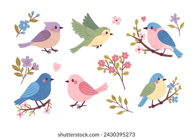 Set of cute spring songbirds and flowers. Vector graphics.