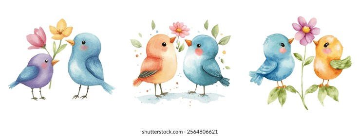 Set of cute spring watercolor birds with flowers png. Cute birds in cartoon watercolor style holding flowers next to them. Spring concept. Vector illustration.