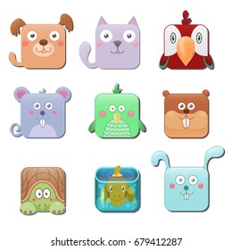 Set of cute square animals. Dog, cat, parrot, mouse, bird, hamster, turtle, fish, rabbit or hare. Isolated on white. Vector illustration. 