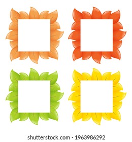 Set of cute square frame templates with colorful leaves and copy space. White background. Flat style illustration.