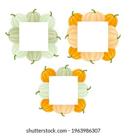 Set of cute square frame templates with colorful pumpkins and copy space. White background. Flat style illustration.