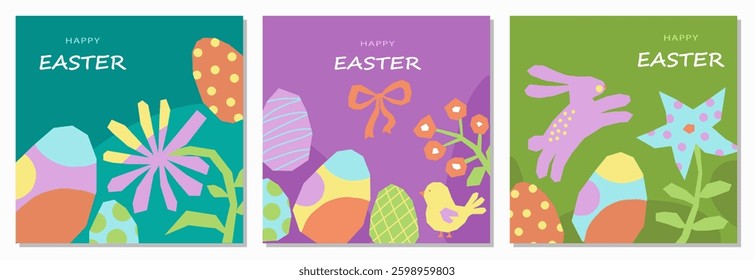 Set of cute square Happy Easter cards. Cut out naive Easter eggs, flowers, rabbit and chicken. Colorful elements on purple, green and blue. Minimalist style Easter templates. Vector illustrations.