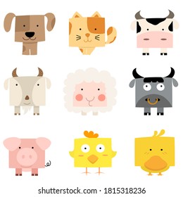 set of cute square head animal, dog, cat, cow, goat, sheep, buffalo, pig, chicken and duck. Flat design 