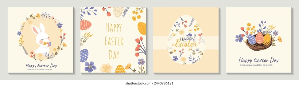 Set of cute square templates with cute Easter bunny, eggs, spring flowers and trendy typography design in pastel colors. For poster, card, invitation, cover, calendar, social media posts, menu.