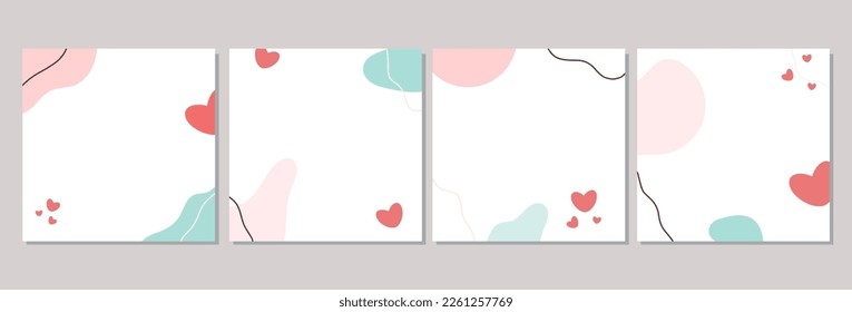 Set of cute square templates. Social media post with abstract shapes and hearts. Sales promotion. Vector illustration for greeting card, mobile apps, banner design and web ads.