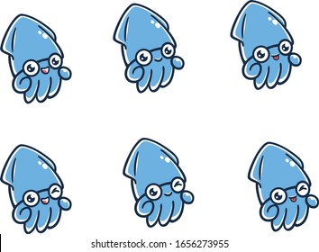 Set of Cute Squid Character with Emotions