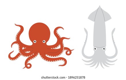 A set of cute squid and octopus illustrations. Vector data on a white background.