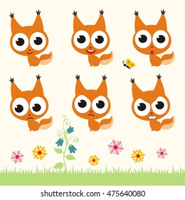 Set of cute squirrel with big eyes in different emotions.