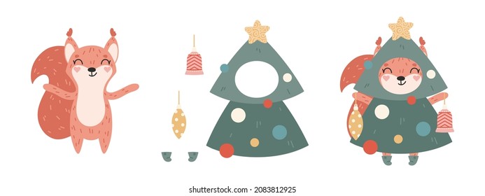 Set of cute squirrel and Christmas tree costume elements. Create your own fun animal character. Hand drawn collection for kids room decor, card, sticker, poster, wrapping paper, print, gift, fabric.