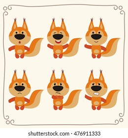 Set of cute squirrel in different emotions in cartoon style.