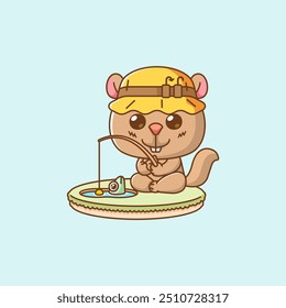 set Cute squirrel fishing fish on island kawaii chibi character mascot illustration outline style design