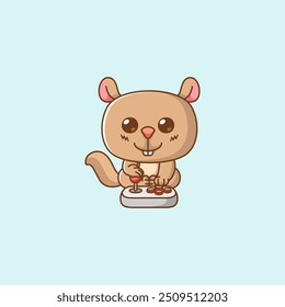 set Cute squirrel Gamer Playing Game with joystick kawaii chibi character mascot illustration outline style design