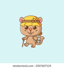 set Cute squirrel hiking camp kawaii chibi character mascot illustration outline style design
