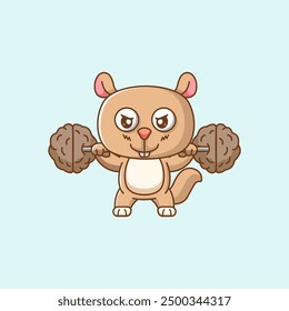 set Cute squirrel lifting nut barbel food kawaii chibi character mascot illustration outline style design