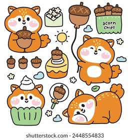 Set of cute squirrel various poses in acorn concept.Rodent animal character cartoon design.Cupcake,fruit,flower,leaf,cake,snack,balloon,sun hand drawn.Kid graphic.Kawaii.Vector.Illustration.