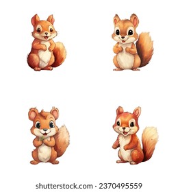 set of cute squirrel watercolor illustrations for printing on baby clothes, sticker, postcards, baby showers, games and books, safari jungle animals vector