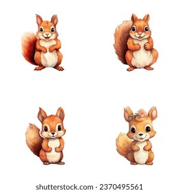 set of cute squirrel watercolor illustrations for printing on baby clothes, sticker, postcards, baby showers, games and books, safari jungle animals vector