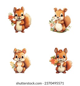 set of cute squirrel watercolor illustrations for printing on baby clothes, sticker, postcards, baby showers, games and books, safari jungle animals vector