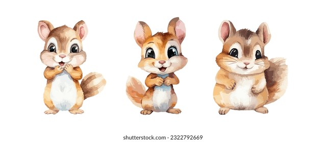 Set of cute squirrel wild animal watercolor isolated on white background. Vector illustration