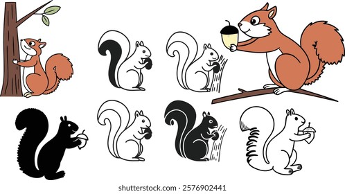 A set of cute squirrels playful pose on tree branches vector design
