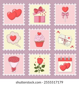 Set of Cute Stamps for Valentine's Day Vector Illustrations.