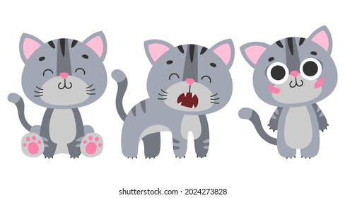 Set of cute standing, sitting cat, kitten, kitty with black stripes and pink nose, ears on white background. Vector illustration for postcard, banner, web, decor, design, arts, calendar.