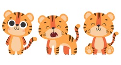 Set Of Cute Standing, Sitting Tiger, Tiger Cub With Brown Stripes, Symbol Of New 2022 Year On White Background. Vector Illustration For Postcard, Banner, Web, Decor, Design, Arts, Calendar.