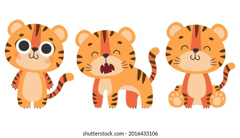 Set of cute standing, sitting tiger, tiger cub with brown stripes, symbol of new 2022 year on white background. Vector illustration for postcard, banner, web, decor, design, arts, calendar.