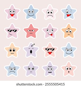Set of cute star emotion icon with 16 variations of expression. Vector illustration.