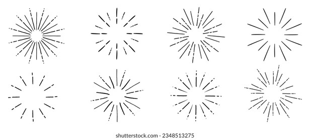 Conjunto de lindos vectores de elementos del doodle de starburst. Colección a mano de estilo doodle de diferentes starburst, chispas, fuegos artificiales. Diseño de ilustración para impresión, dibujos animados, tarjeta, decoración, pegatina, icono.