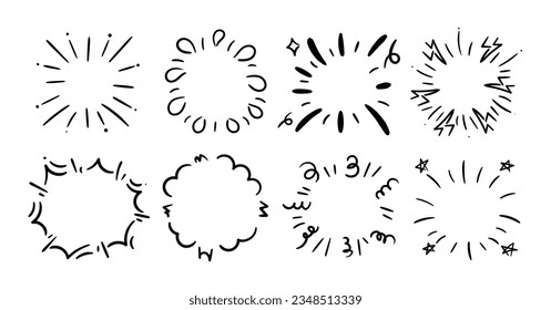 Set of cute starburst doodle element vector. Hand drawn doodle style collection of different starburst, sparkle, firework. Illustration design for print, cartoon, card, decoration, sticker, icon.