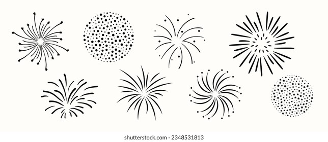 Set of cute starburst doodle element vector. Hand drawn doodle style collection of different starburst, sparkle, firework. Illustration design for print, cartoon, card, decoration, sticker, icon.