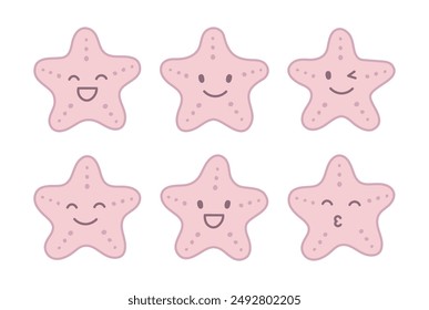 Conjunto de estrellas de mar lindas con caras y emociones. 