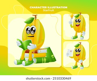 Set of cute starfruit characters being clever. Perfect for kids, merchandise and sticker, banner promotion
