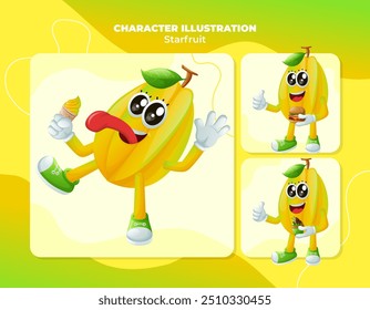 Conjunto de personagens fofos de frutas-do-mar desfrutando de comida. Perfeito para crianças, mercadoria e adesivo, promoção de banner
