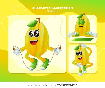 Conjunto de personagens de frutas-do-mar bonitos exercitando. Perfeito para crianças, mercadoria e adesivo, promoção de banner
