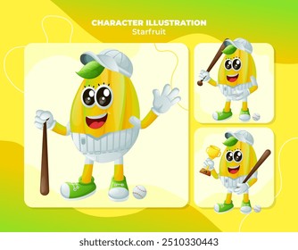 Set of cute starfruit characters playing baseball. Perfect for kids, merchandise and sticker, banner promotion
