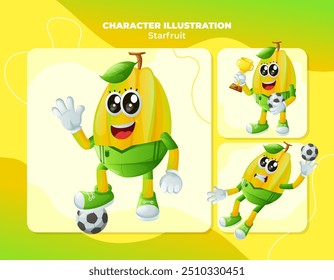 Set of cute starfruit characters playing soccer. Perfect for kids, merchandise and sticker, banner promotion
