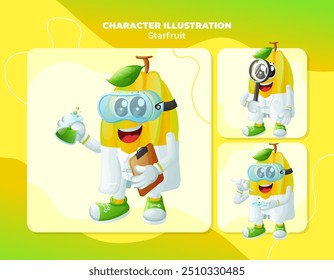 Eine Reihe süßer Sternfrucht-Charaktere als Wissenschaftler. Perfekt für Kinder, Merchandise und Aufkleber, Bannerwerbung
