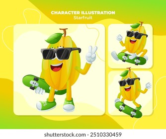 Set von niedlichen Sternfrucht-Figuren Skateboarding. Perfekt für Kinder, Merchandise und Aufkleber, Bannerwerbung
