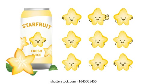 Set of cute starfruit designs and realistic 3d starfruit with alumunium cans juice  packaging mockup vector