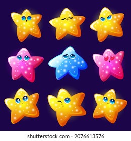 Set of cute stars characters, kawaii emoticons express different emotions. Cartoon joyful, sad, angry, loving and sleeping mascots, pink, yellow and blue colored personages, Vector illustration, icons
