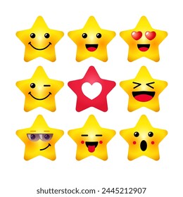 Set of cute stars, collection of 3D emoticons. Positive and friendly icons. Star shape with yellow faces. Animation idea. Internet messenger concept. Characters and buttons. Web symbols or buttons.