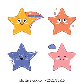 Set of cute stars. Multicolored stickers for social networks. Graphic elements for printing on clothes. Dreams, fantasy and imagination. Cartoon flat vector illustrations isolated on white background