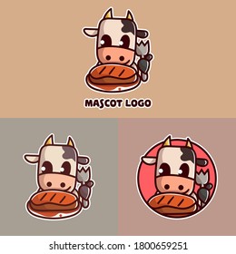 set of cute steak cow mascot logo with optional apprearance. premium kawaii vector